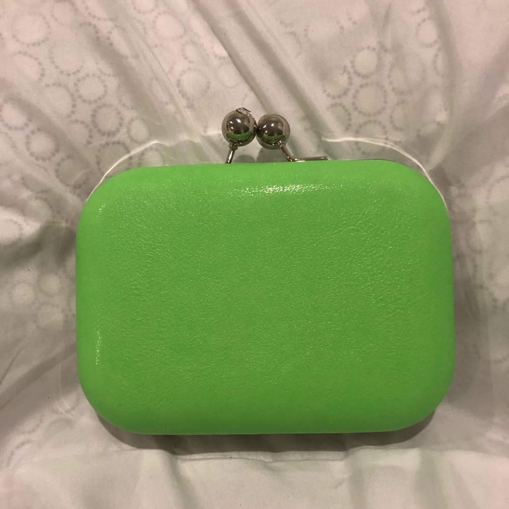 Neon Green Minaudière Clutch with Silver hardware
